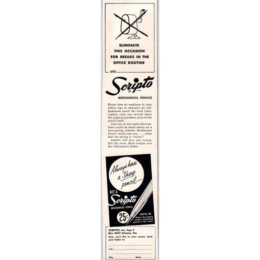 Scripto Mechanical Pencils Atlanta GA 1951 Magazine Ad D17