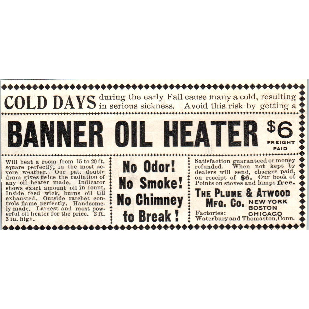 The Plume & Atwood Mfg Co Banner Oil Heater c1905 Original Advertisement AE7-A3