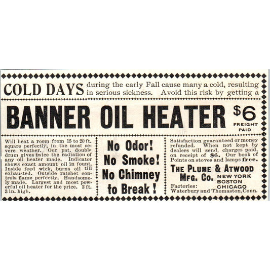 The Plume & Atwood Mfg Co Banner Oil Heater c1905 Original Advertisement AE7-A3