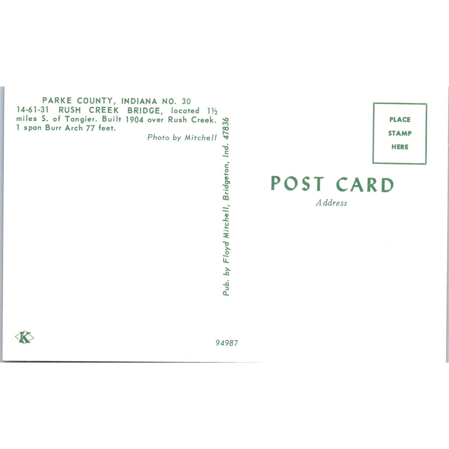 Rush Creek Bridge Parke County IN Vintage Covered Bridge Postcard PD6