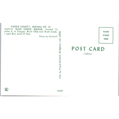 Rush Creek Bridge Parke County IN Vintage Covered Bridge Postcard PD6
