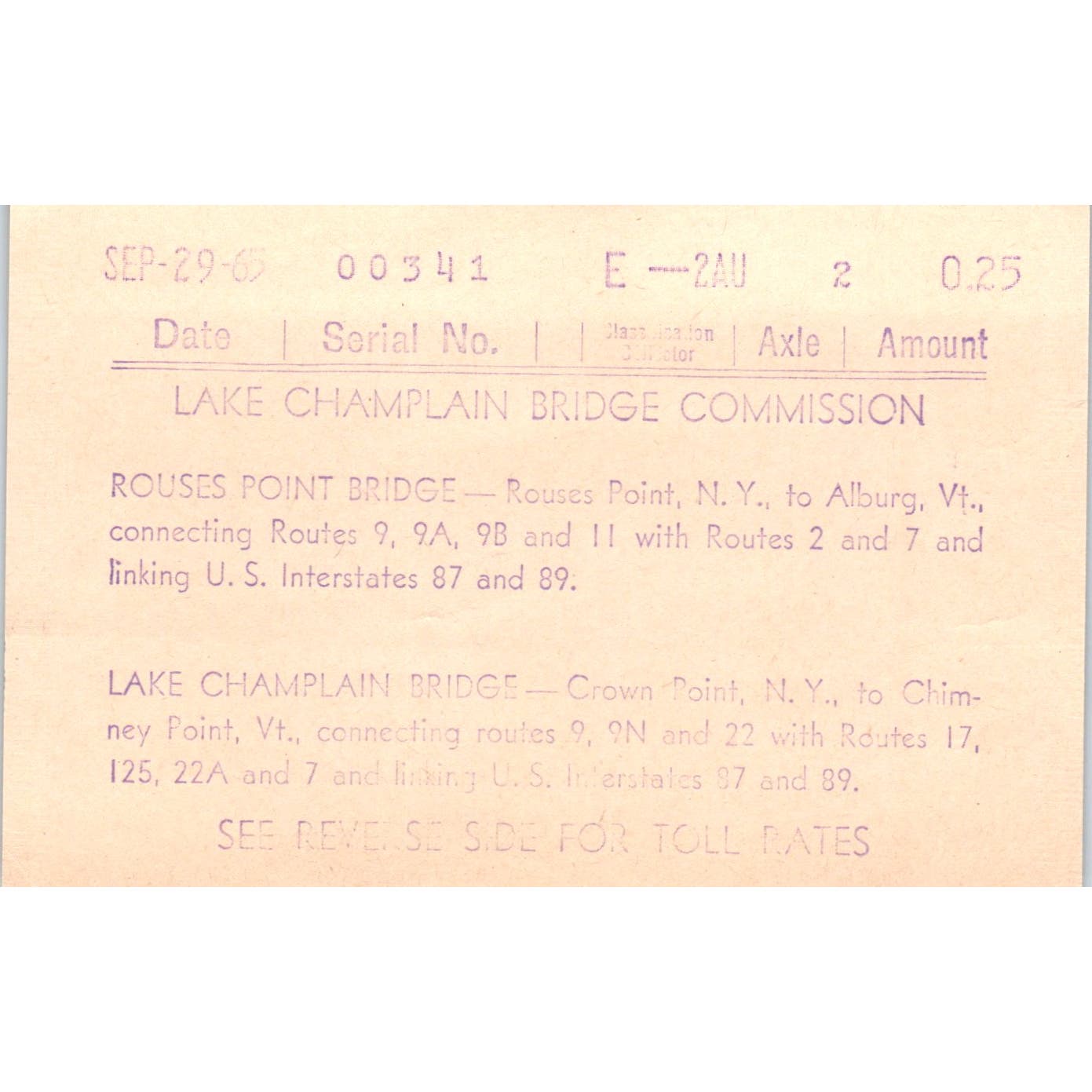 1965 Lake Champlain Bridge Commission Toll Rate Card Crown Point NY AE2