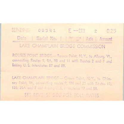 1965 Lake Champlain Bridge Commission Toll Rate Card Crown Point NY AE2