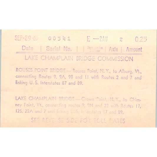1965 Lake Champlain Bridge Commission Toll Rate Card Crown Point NY AE2