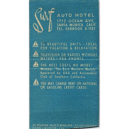 Surf Auto Hotel Santa Monica CA Vintage Matchbook Cover SF3-Y4