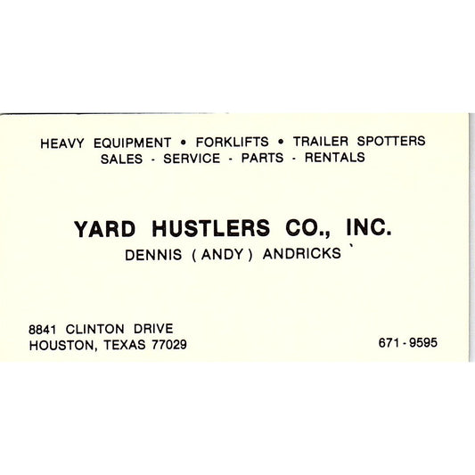 Yard Hustlers Co Dennis Andy Andricks Houston Vintage Business Card SC9-B2