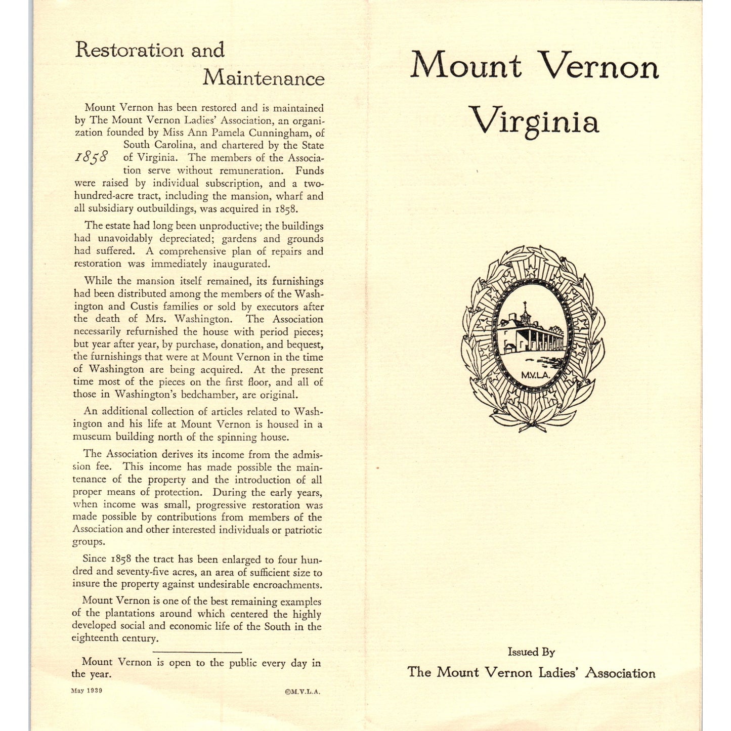 1939 Mount Vernon Virginia Fold Out Map and Travel Brochure TJ5-TB