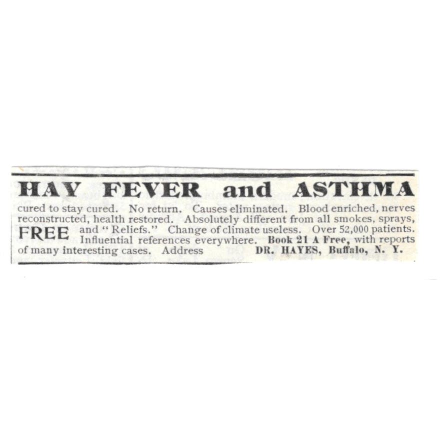 Hay Fever & Asthma Remedy Dr. Hayes Buffalo NY c1918 Advertisement AE5-SV4