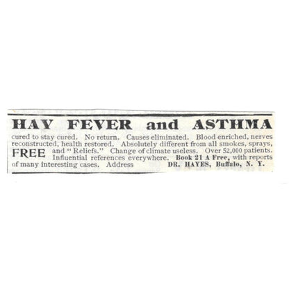 Hay Fever & Asthma Remedy Dr. Hayes Buffalo NY c1918 Advertisement AE5-SV4