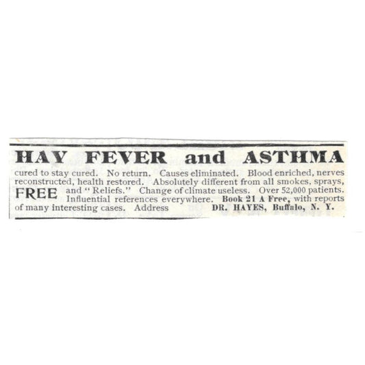 Hay Fever & Asthma Remedy Dr. Hayes Buffalo NY c1918 Advertisement AE5-SV4