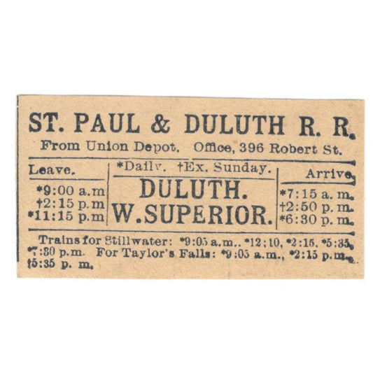 St. Paul & Duluth Railroad Timetable St. Paul 1898 Newspaper Ad AF2-S5