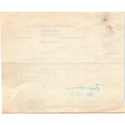 Maxwell E. Sapiro Ins Worcester 1925 Original Billhead Letterhead Receipt D8-LL
