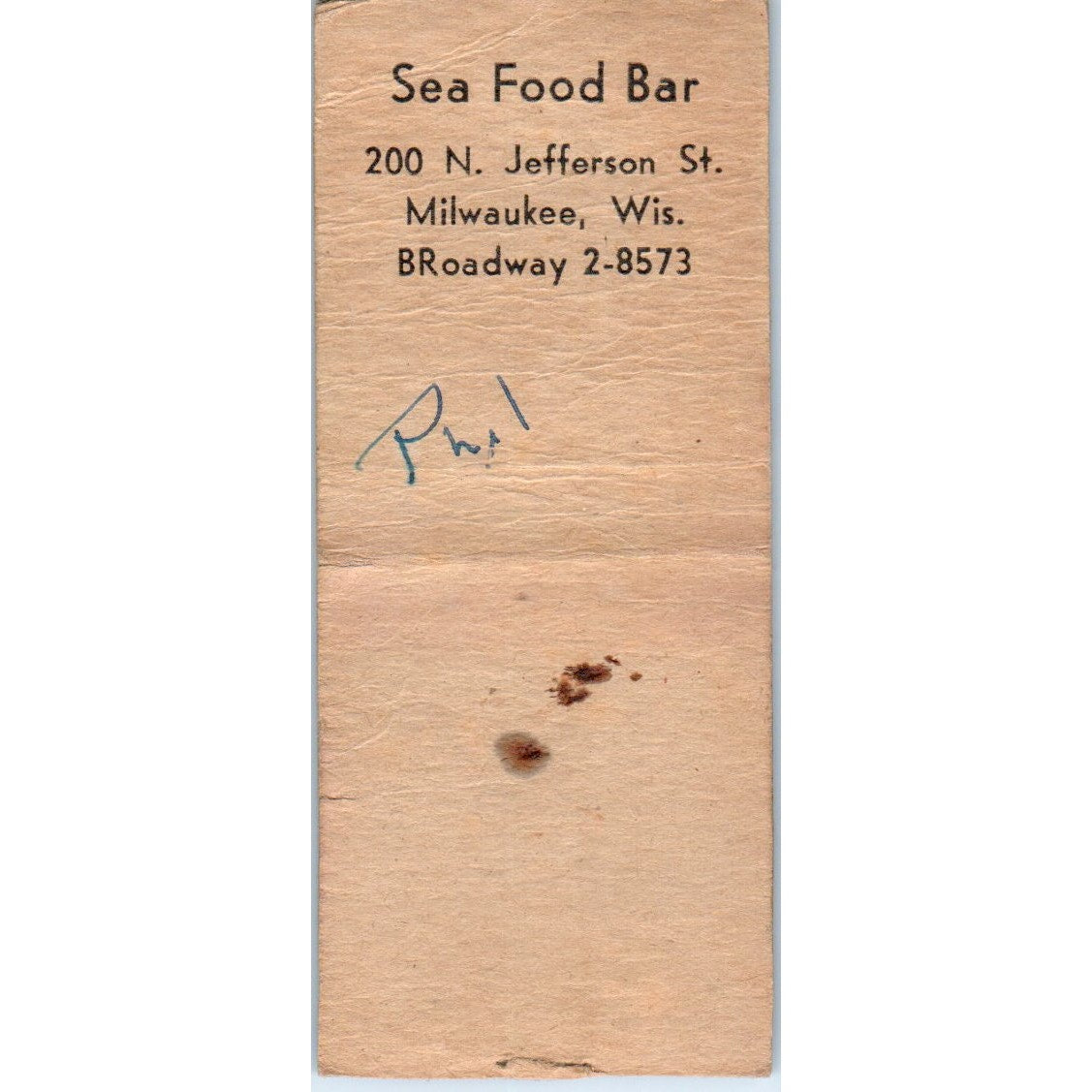 Sea Food Bar Milwaukee WI Tony Gaglione Vintage Matchbook Cover SD4-Y8