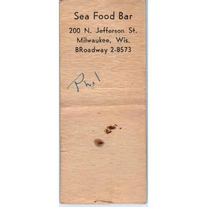 Sea Food Bar Milwaukee WI Tony Gaglione Vintage Matchbook Cover SD4-Y8