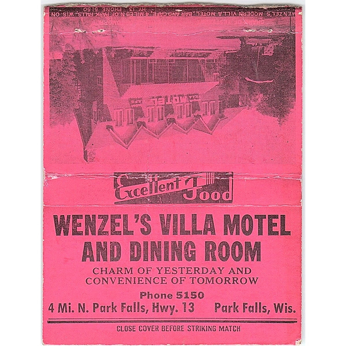 Wenzel's Villa Motel & Dining Room Park Falls WI Large Matchbook Cover TH2-Y2