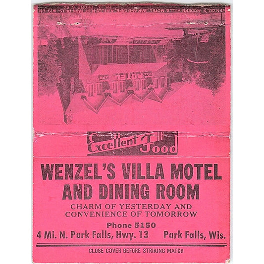 Wenzel's Villa Motel & Dining Room Park Falls WI Large Matchbook Cover TH2-Y2