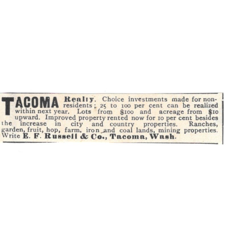 Tacoma Realty E.F. Russell & Co Washington c1890 Victorian Ad AE8-CH12