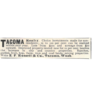 Tacoma Realty E.F. Russell & Co Washington c1890 Victorian Ad AE8-CH12