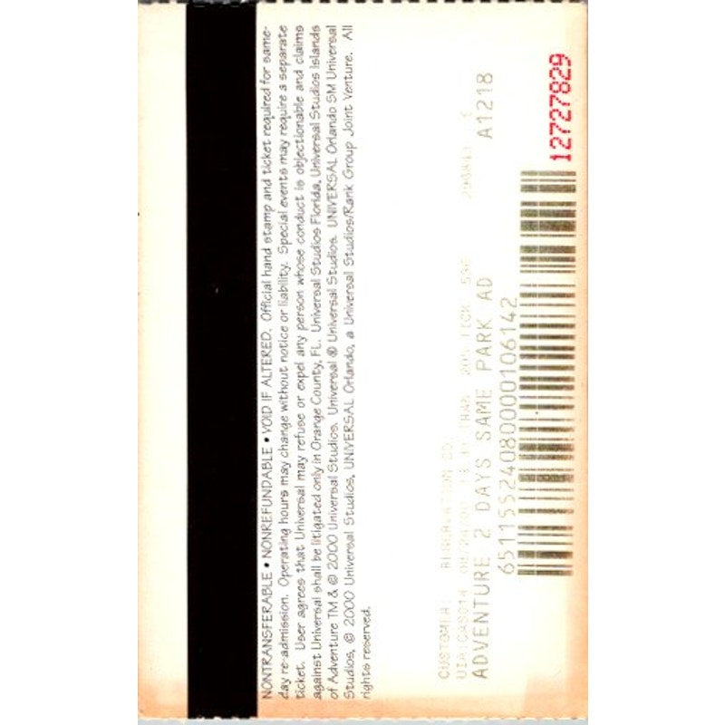 Vintage Universal Studios Orlando Adventure Stub 8/24/2000 TB7-BC17