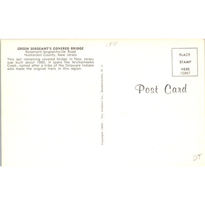 Green Sergeant's Bridge Hunterdon County NJ Vintage Covered Bridge Postcard PC17