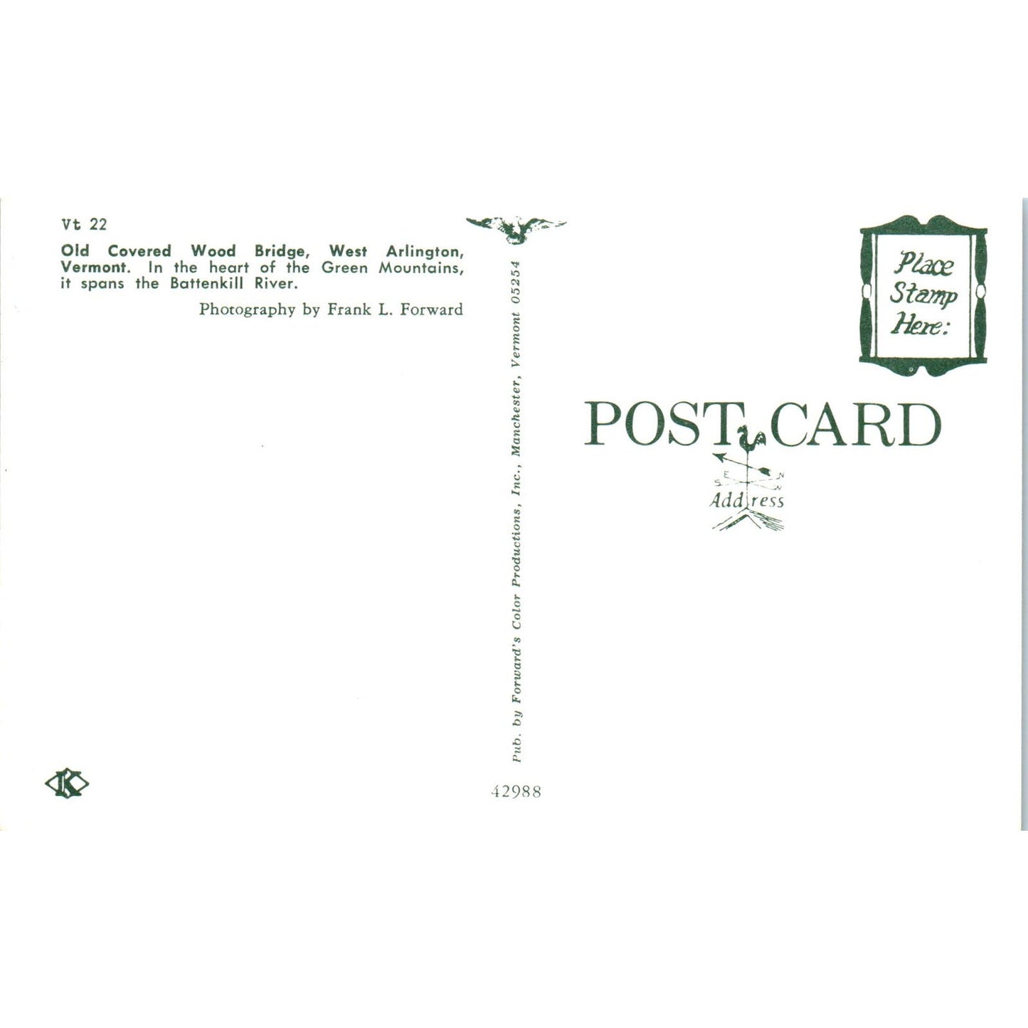 Old Covered Wood Bridge West Arlington VT Vintage Covered Bridge Postcard PD1