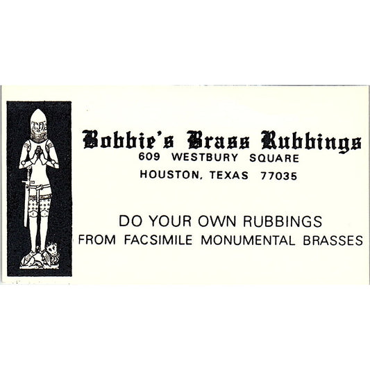 Bobbie's Brass Rubbings Westbury Square Houston TX Vintage Business Card SD9-B5