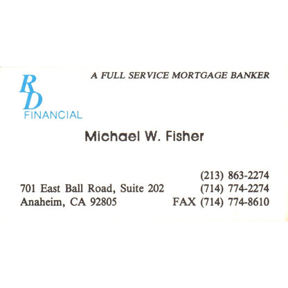 RD Financial Michael W Fisher Anaheim CA Vintage Business Card SD8-B18