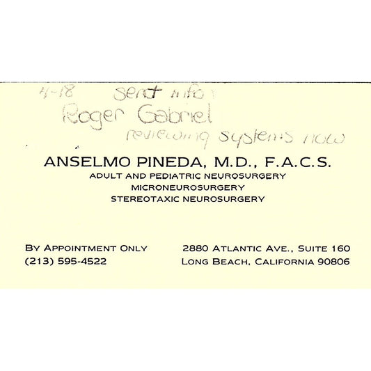 Adult and Pediatric Neurosurgery Anselmo Pineda CA Vintage Business Card SF3-B7