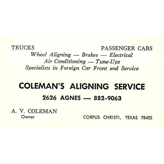 A.V. Coleman Aligning Service Corpus Christi TX Vintage Business Card SE3-B13
