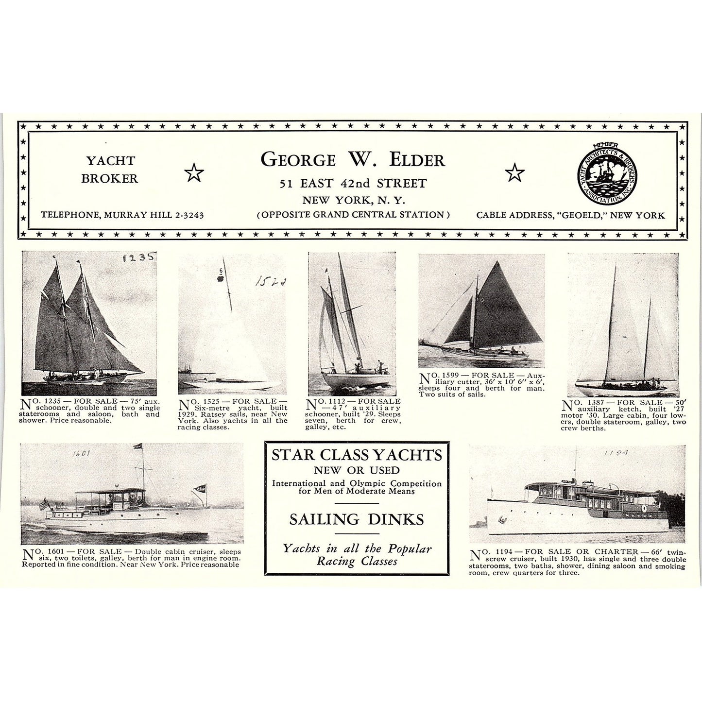 George W. Elder Star Class Yachts Sailing Dinks New York NY 1932 AG2-7
