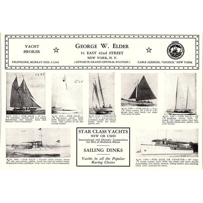 George W. Elder Star Class Yachts Sailing Dinks New York NY 1932 AG2-7