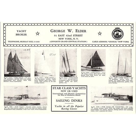 George W. Elder Star Class Yachts Sailing Dinks New York NY 1932 AG2-7