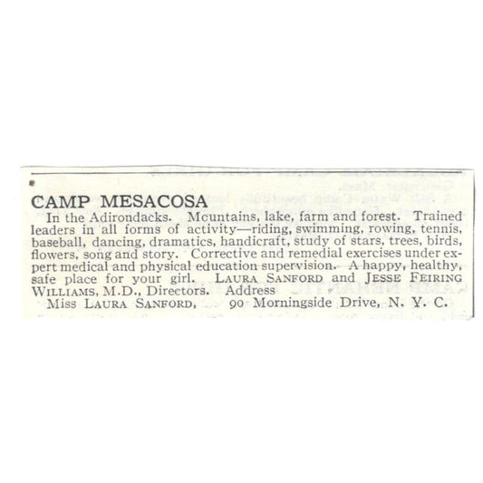 Camp Mesacosa Laura Sanford Jesse Feiring Williams NY 1918 Advertisement AE5-SA9