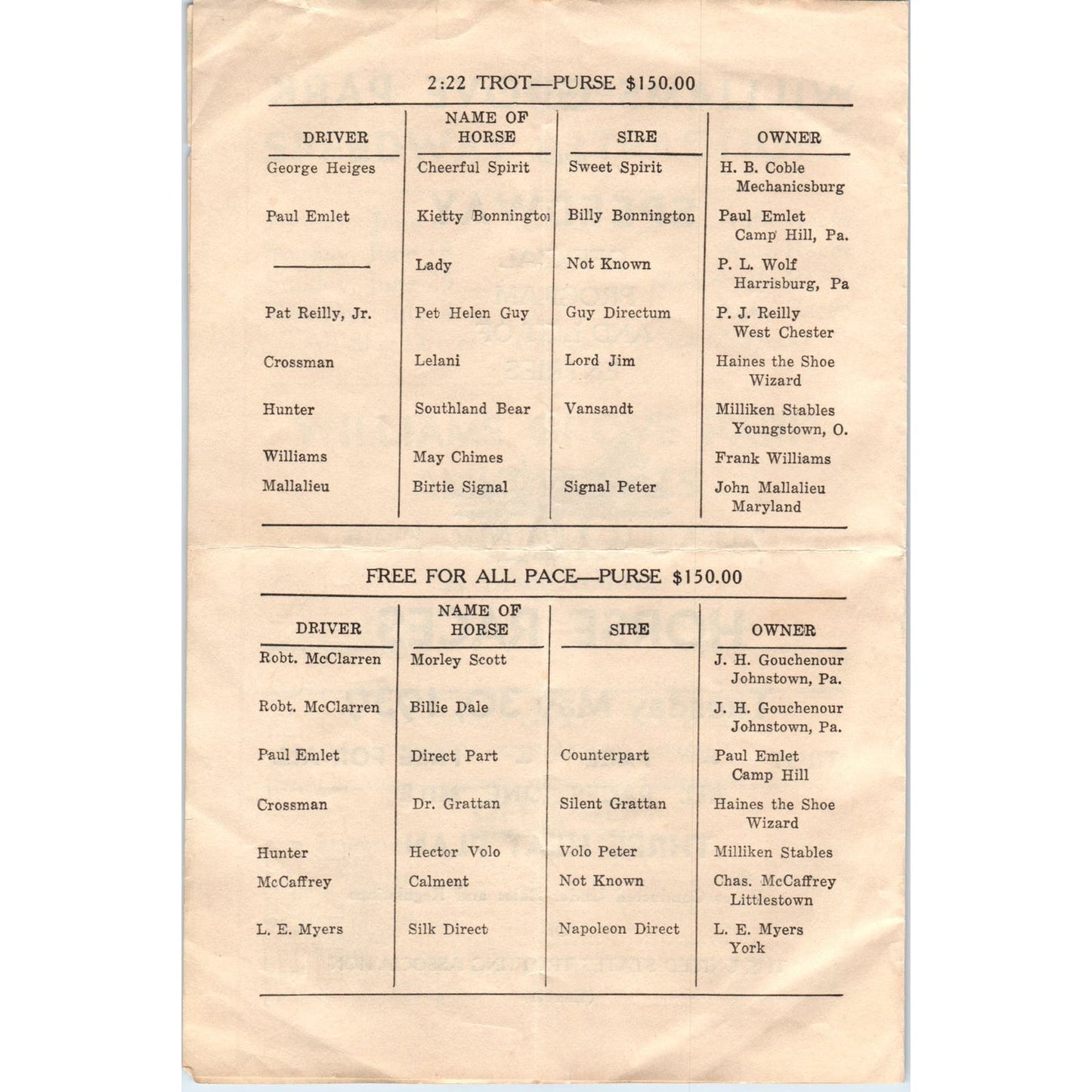 1939 Williams Grove Park and Speedway Horse Races Official Program AB9