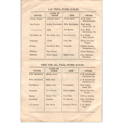 1939 Williams Grove Park and Speedway Horse Races Official Program AB9