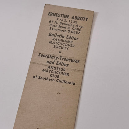 1958 RMS Convention San Francisco Ernestine Abbott Matchbook Cover TB6-MB1-15