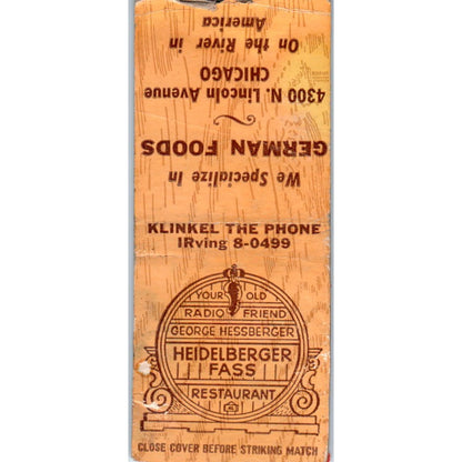 Heidelberger Fass German Restaurant Chicago George Hessberger Matchbook SD4-Y7
