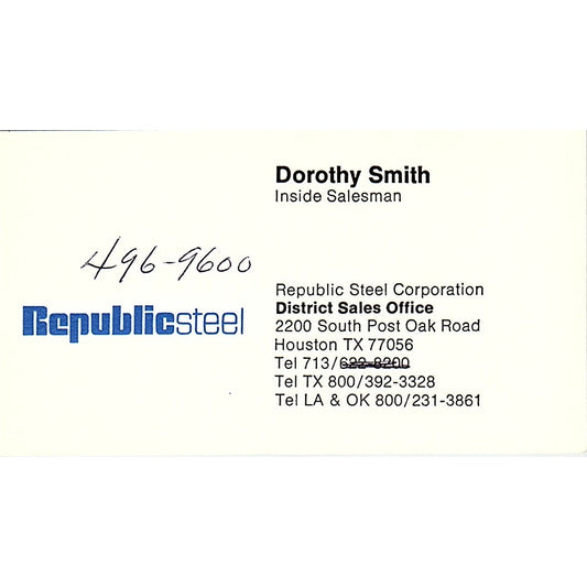 Dorothy Smith Republic Steel Corp Houston Vintage Business Card SE5-B2