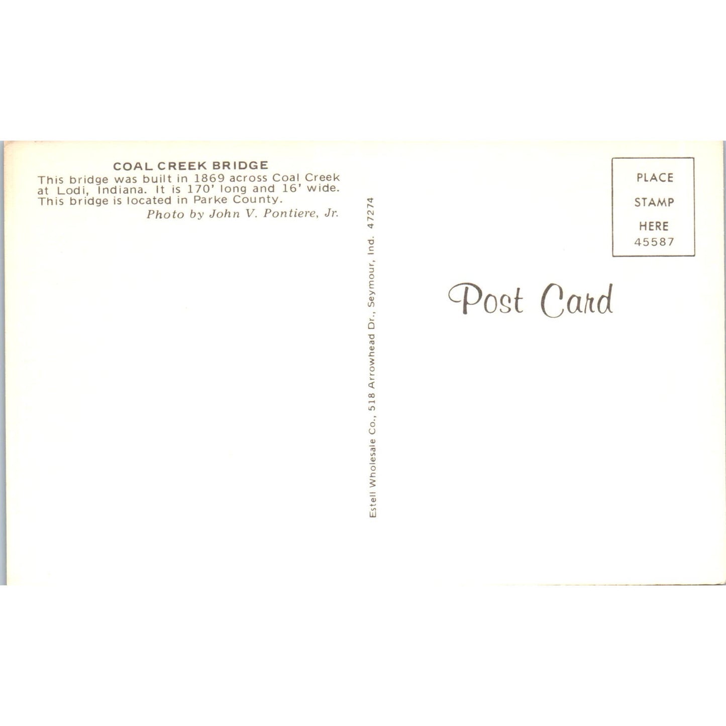 Coal Creek Bridge Parke County Lodi IN Vintage Covered Bridge Postcard PC16