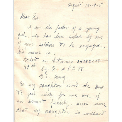 1945 WWII Handwritten Letter Robert L. Staines Request for Engagement AB6-OD1