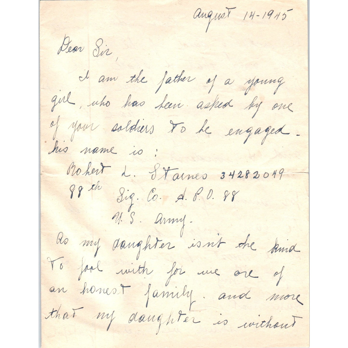 1945 WWII Handwritten Letter Robert L. Staines 88th Sig Co & PD 88 AB6-OD1