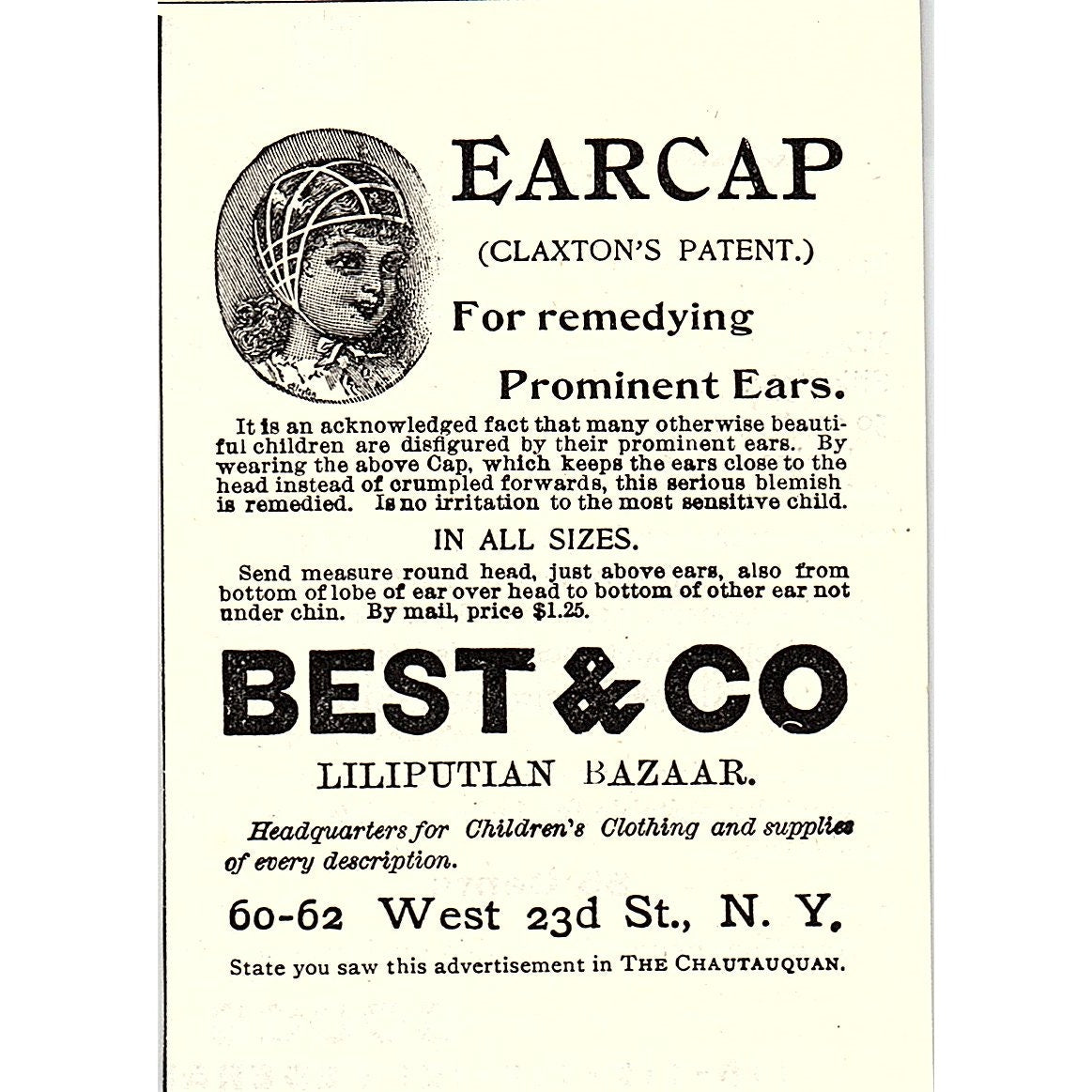 Earcap Claxton's Patent for Remedying Prominent Ears Best & Co 1892 Ad AG2-M12