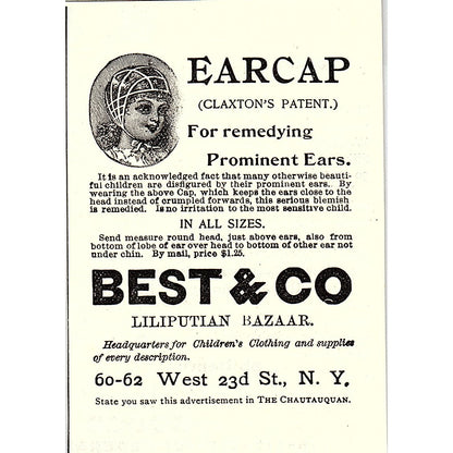 Earcap Claxton's Patent for Remedying Prominent Ears Best & Co 1892 Ad AG2-M12
