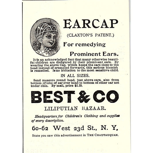 Earcap Claxton's Patent for Remedying Prominent Ears Best & Co 1892 Ad AG2-M12