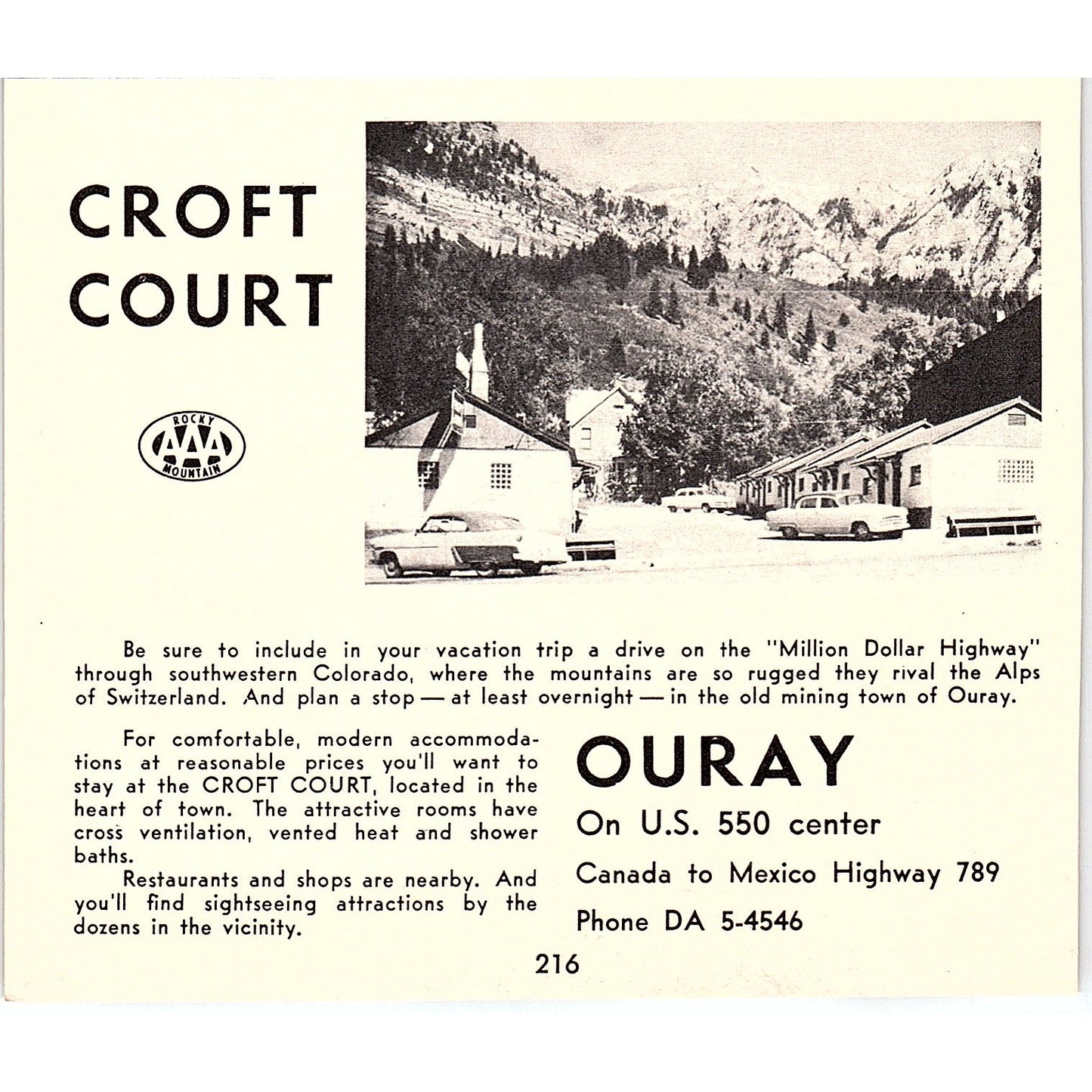 Croft Court Motel Ouray CO 1958 Ad AG1-H6