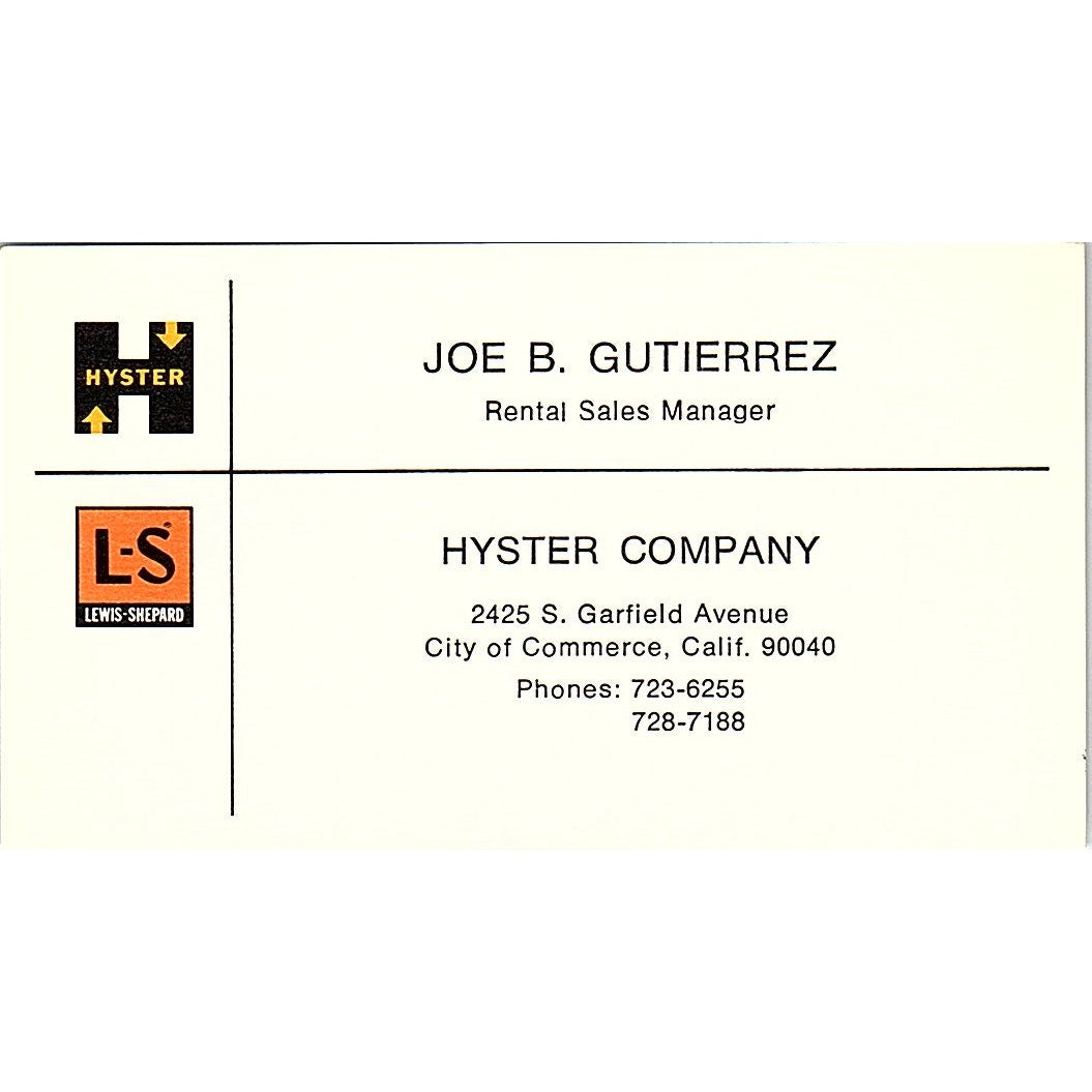 Hyster Sales Company Joe B. Gutierrez City of Commerce CA Business Card SB4-B4