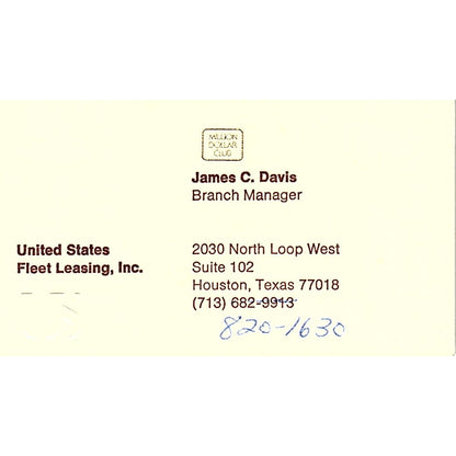 James C Davis United State Fleet Leasing Houston Vintage Business Card SC9-B13