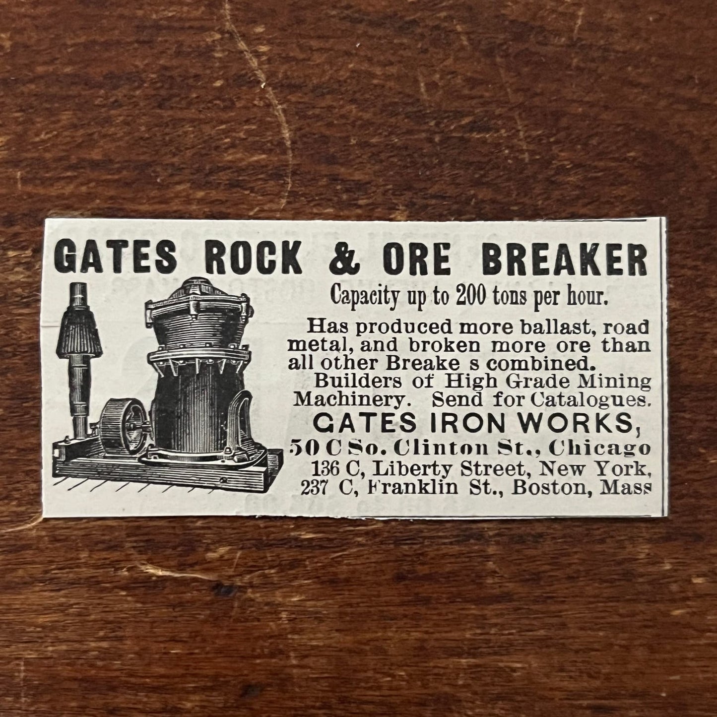 Gates Iron Works Rock & Ore Breaker Boston MA Original Advertisement AD8-P29