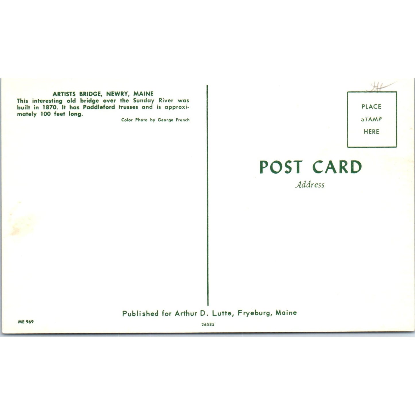 Artists Bridge Newry Maine Sunday River Covered Bridge Postcard PB11