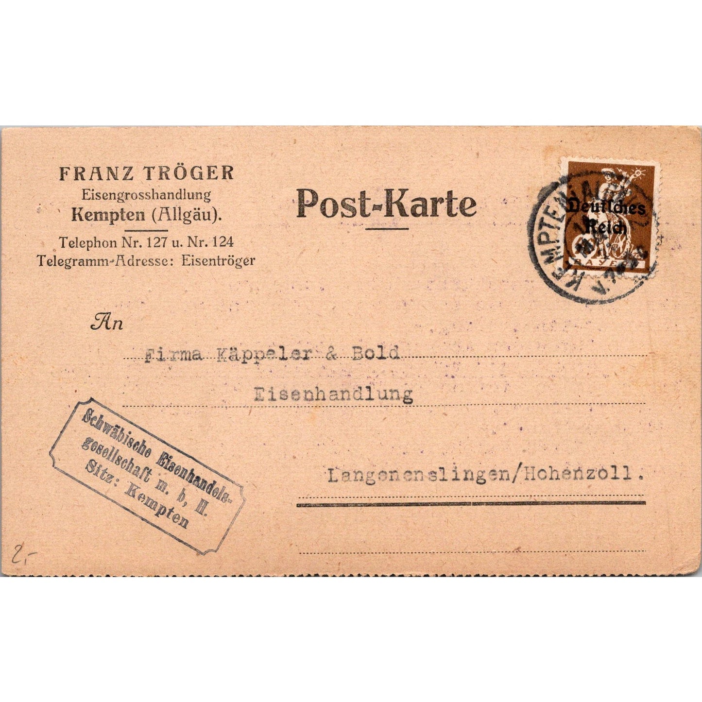 Franz Tröger Eisengroßhandlung Kempten Allgäu 1921 German Reich Postcard AH4-M1